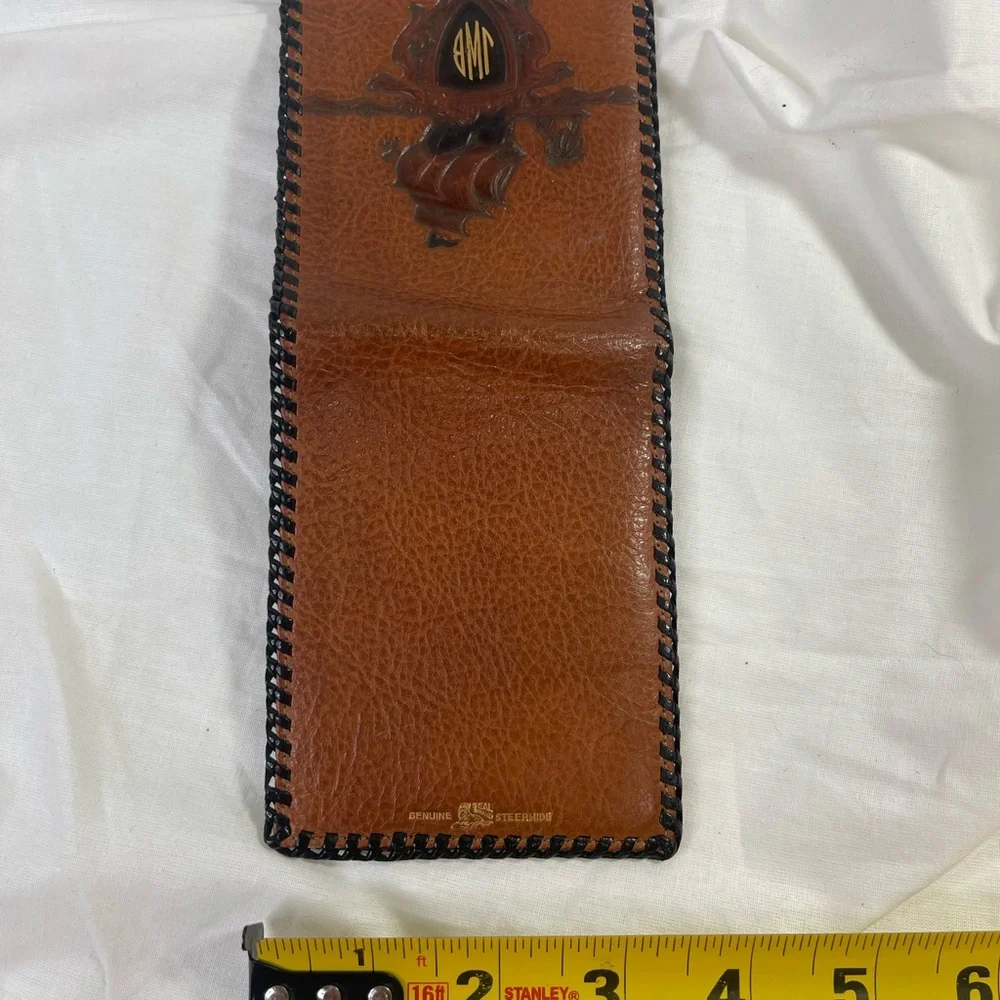 Vintage Brown Leather Wayfarer Wallet Monogrammed Steer hide.